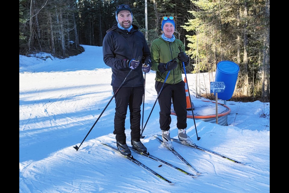 Jeremy Morris and Kirsti Fairweather get some practice Sunday on the cross-country ski trails at Otway Nordic Centre to get ready to race in next Sunday's Prince George Iceman. 