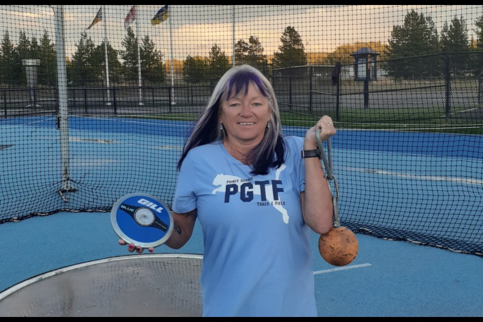 Joan Harris, member of the Prince George Track & Field Club, recently broke the BC record for the Masters Throws Pentathlon for women 55 to 59 years old.