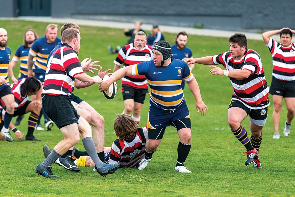 Citizen Photo by James Doyle. The PG Gnats Rugby Club (blue) hosted the Williams Lake Rustlers (red) on Saturday afternoon at Duchess Park Secondary field.