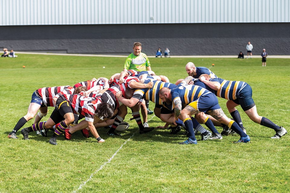 Citizen Photo by James Doyle. The PG Gnats Rugby Club (blue) hosted the Williams Lake Rustlers (red) on Saturday afternoon at Duchess Park Secondary field.