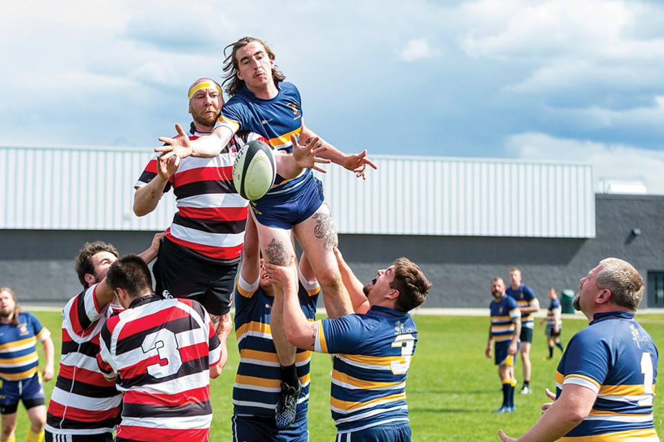 Citizen Photo by James Doyle. The PG Gnats Rugby Club (blue) hosted the Williams Lake Rustlers (red) on Saturday afternoon at Duchess Park Secondary field.