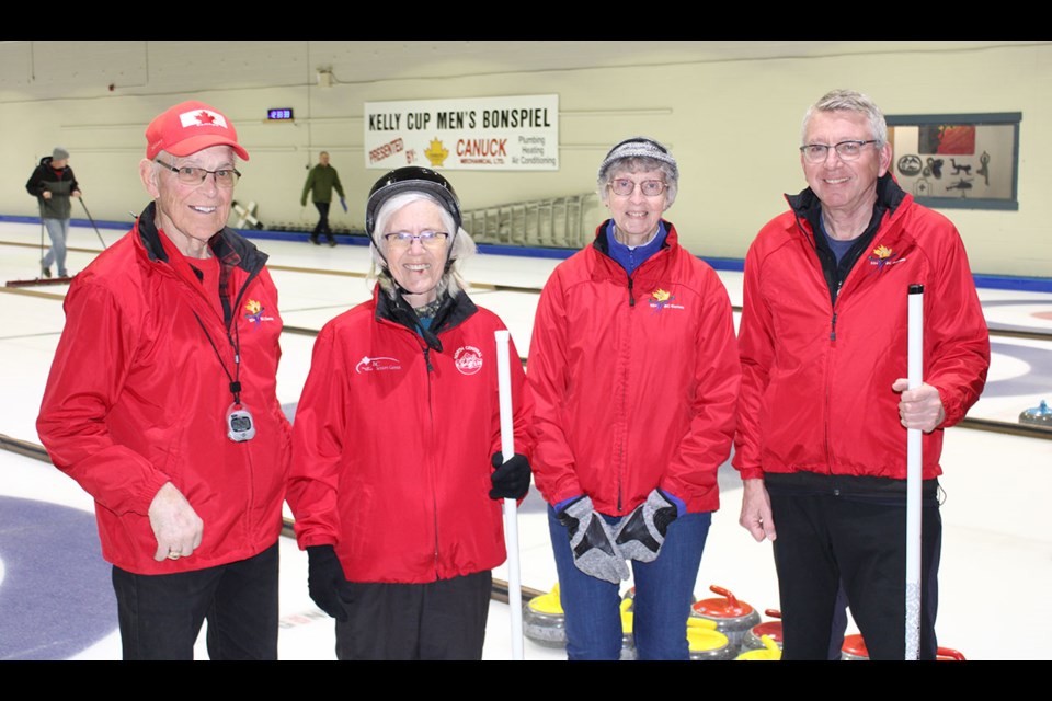 The Crowley Rink curling team who plays in the Seniors League at the Prince George Golf and Curling Club are Floyd Crowley, left, Hilary Crowley, Linda Meise and David George.