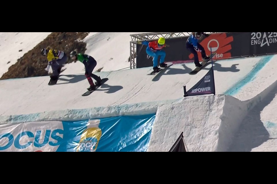 Meryeta O'Dine of Prince George, far left, competes in the big final at the FIS snowboard cross world championships in Engadin, Switzerland on Friday, March 38, 2025. The 28-year-old O'dine finished a career-best fourth.