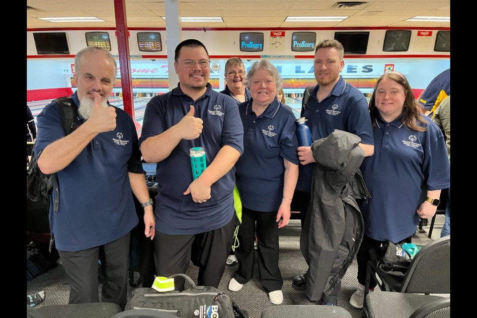 This is the Prince George five-pin bowling team at the Special Olympics BC Winter Games as they start their competition in Kamloops on Friday. From left is Matthew Brewer, Adam Spokes, tucked in behind is head coach Carol Lee, Debbie Bileck, Leif Skuggedal and Audrey Nelson.
