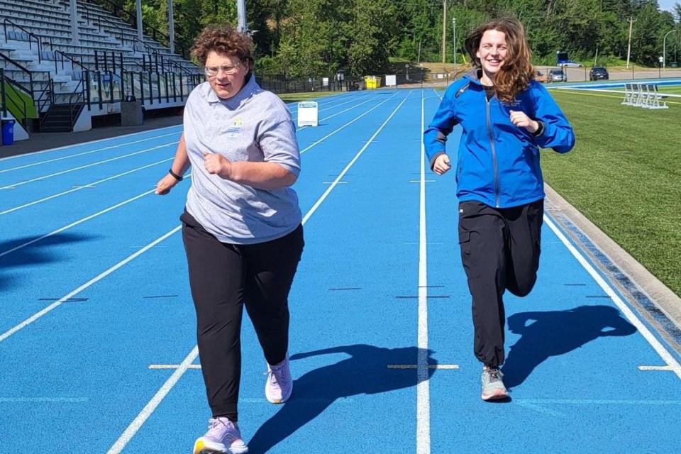 Special Olympics athlete Marinka VanHage trains with coach Sylvia Masich at Masich Place Stadium on Wednesday,June 18, 2025, ahead of the BC Summer Games taking place in Prince George from July 10 to 12.