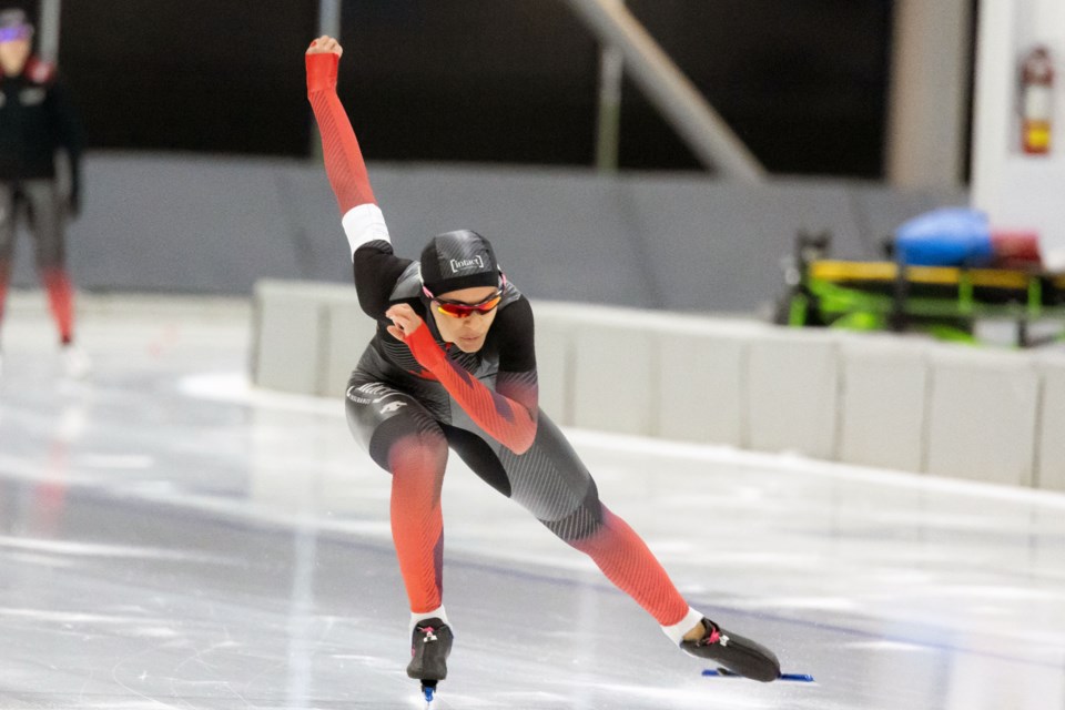 Carolina Hiller of Prince George cruises to victory in the women's 500-metre final at the Canadian long track speed skating championships, Oct. 13 in Quebec City. Now based in Calgary, the 25-year-old former Prince George Blizzard Speed Skating Club member has been named to the Canadian team for the next four World Cup events.