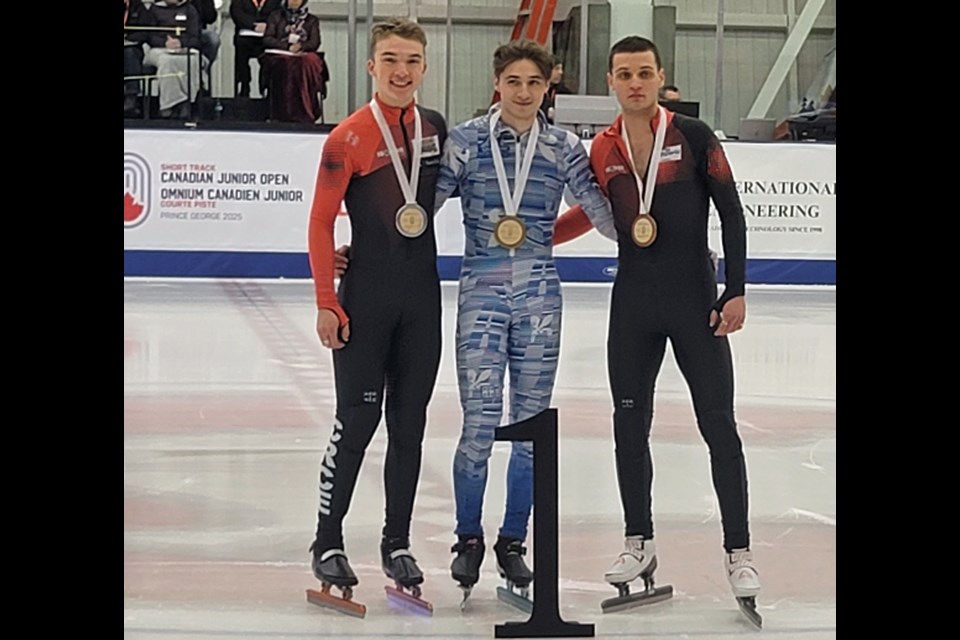 Gold medalist Justin Bessette, centre, was part of podium sweep for Quebec skaters Sunday in the men's 1000m final at the Canadian Junior Open short track speed skating championships at Kin 1. On Bessette's right is silver medalist Charles Fortin and at left is Emile Brault, who won bronze.