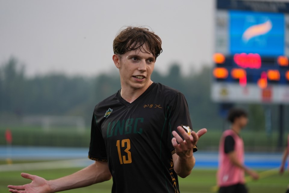 UNBC's Isaac Tate doesn't mind the rain in Kamloops, where he and his Timberwolves teammates walked off with a 1-0 Canada West win over the Thompson Rivers University WolfPack.