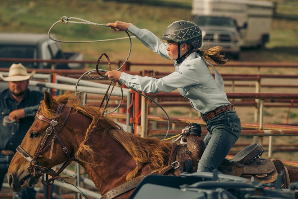 Twelve-year-old Prince George cowgirl Nevada Jones takes her horse Gordon for a ride in the arena for the breakaway event at the B.C. High School Rodeo Association junior finals this past weekend in Merritt. Jones went on to capture the overall provincial championship.