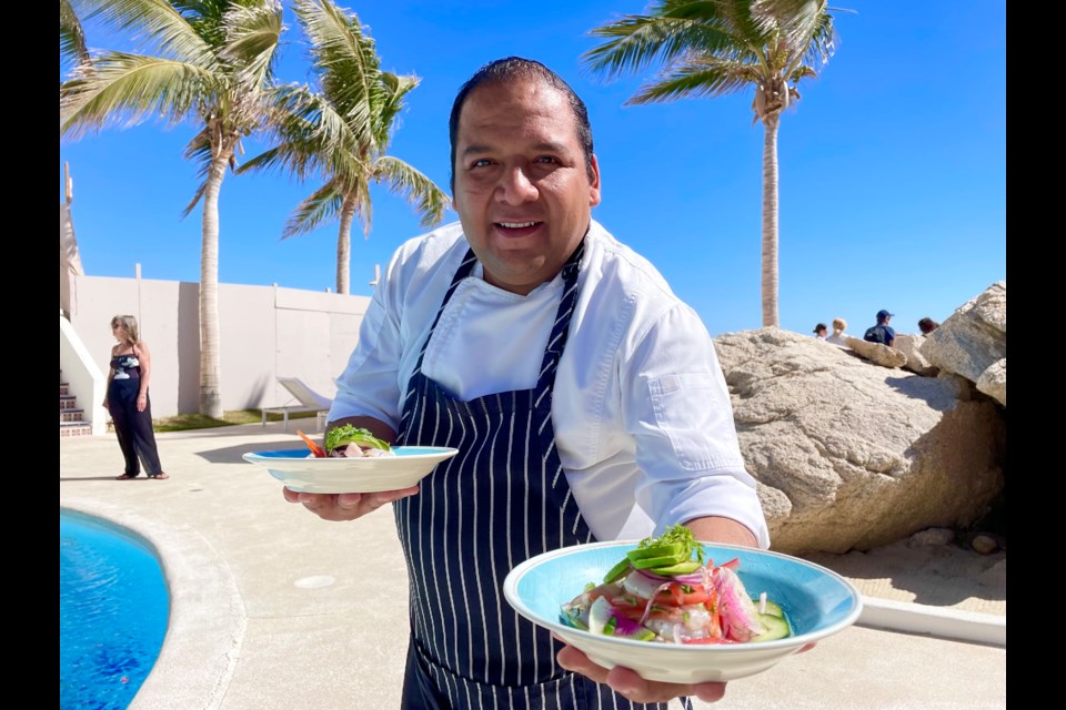 Mario Rueda, the chef at Mar del Cabo by Velas Resorts, shows off the Mexican-style ceviche we made in the culinary class.