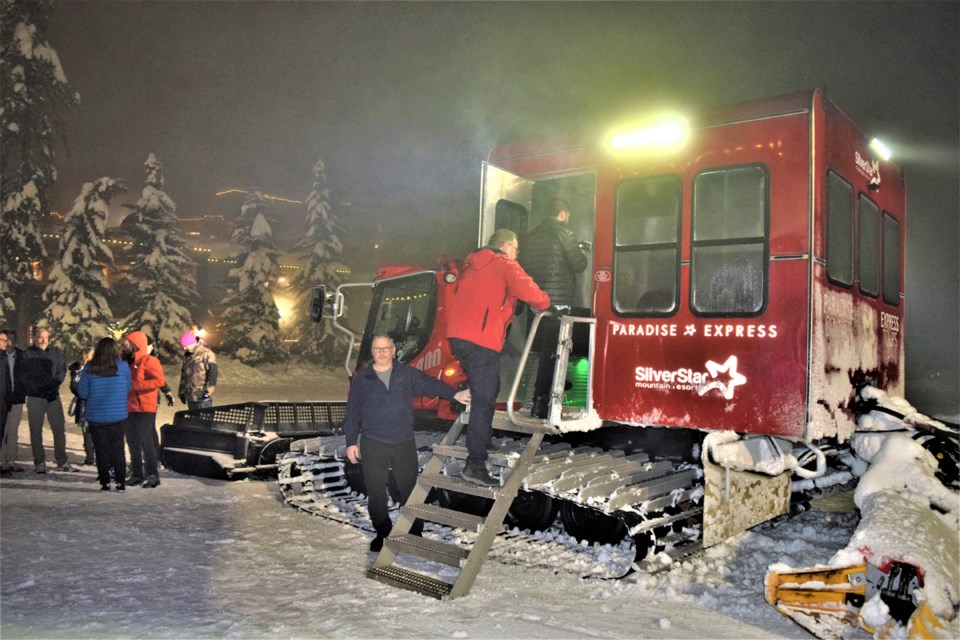 This specially retrofitted PistenBully 400 snow groomer called the 'Paradise Express' takes people to the mountaintop for dinner at Paradise Camp.