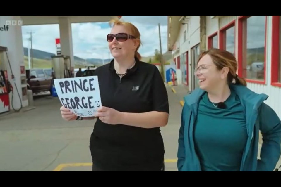 Contestants Tasha and Cathie at a gas station in Merritt asking for rides to Prince George. 