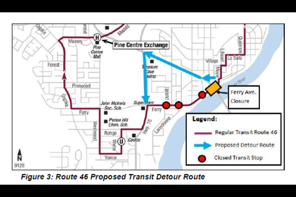 Repairs to the Simon Fraser Bridge at Highway 97 will force the closure of the Ferry Ave, where it crosses under the bridge for 24 hours beginning in the morning of Saturday, March 25. That will necessitate a temporary change to city bus route 46 as proposed in this map.