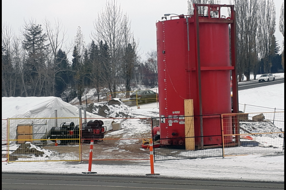 This large red holding tank is needed to collect water pumped from the adjacent excavation site of a BC Hydro electrical box and manhole access that needed to be replaced near the intersection of Carney and Winnipeg streets. The project is expected to be completed by mid-December.