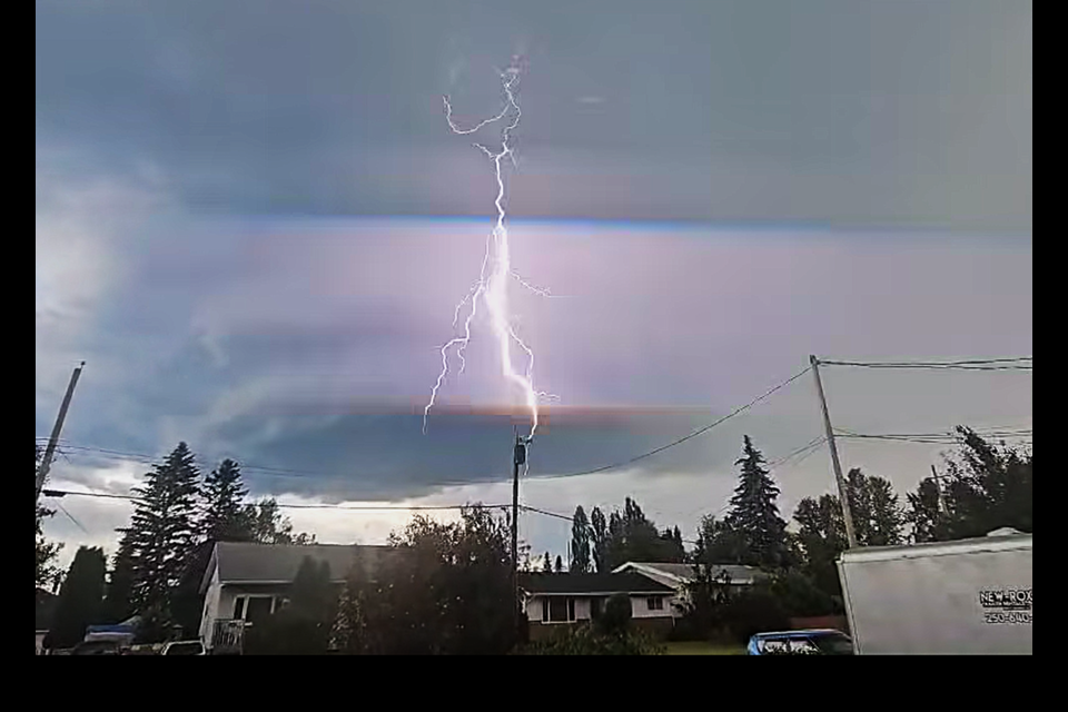 TJ O'Grady captured this lightning strike in Prince George on Tuesday, July 1, 2025 in a video clip posted on social media. Environment Canada issued a tornado warning for the region Tuesday evening