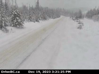 This Highway 97 camera shows the snowy highway conditions  at Whiskers Points, south of McLeod Lake, at 3:21 p.m. Tuesday.