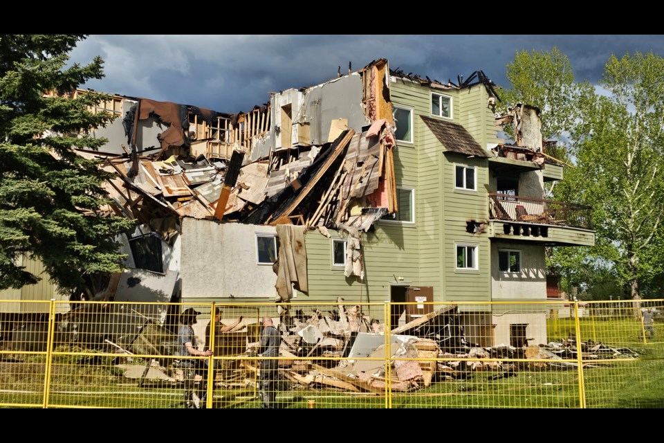 The Boardwalk Apartments on Killoren Crescent are left in ruins after an early-morning fire on Thursday, May 22, 2025 in Prince George, BC.