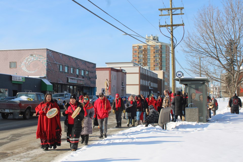 Supporters and marchers at the Women's Memorial March make their way to the courthouse on Friday, Feb. 14, 2025 in Prince George, BC.
