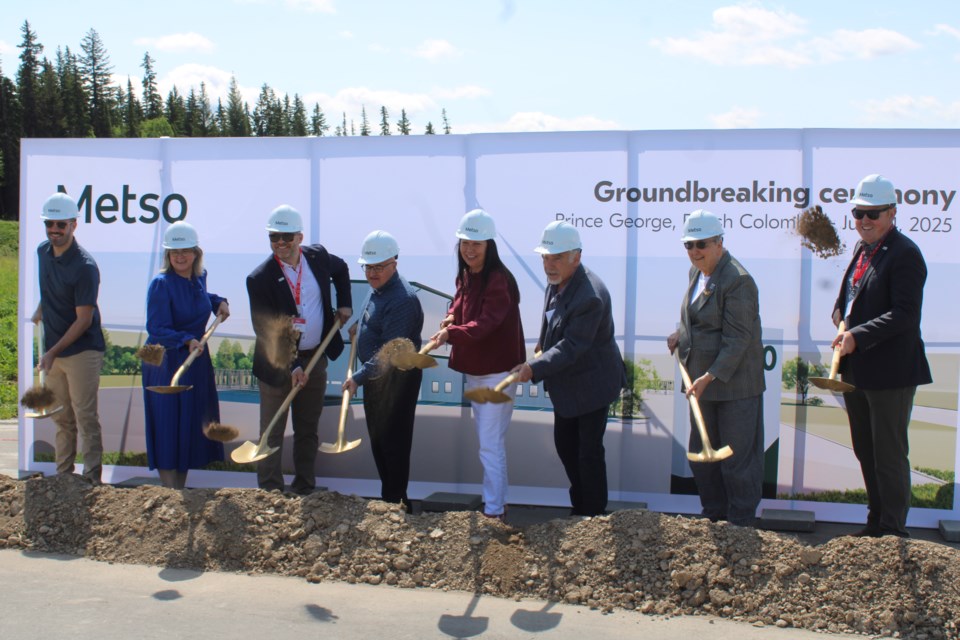 Representatives from Metso, Prince George city council and Lheidli T'enneh First Nation break ground at the site of the new Metso service centre on Wednesday, June 4, 2025 in Prince George, BC.