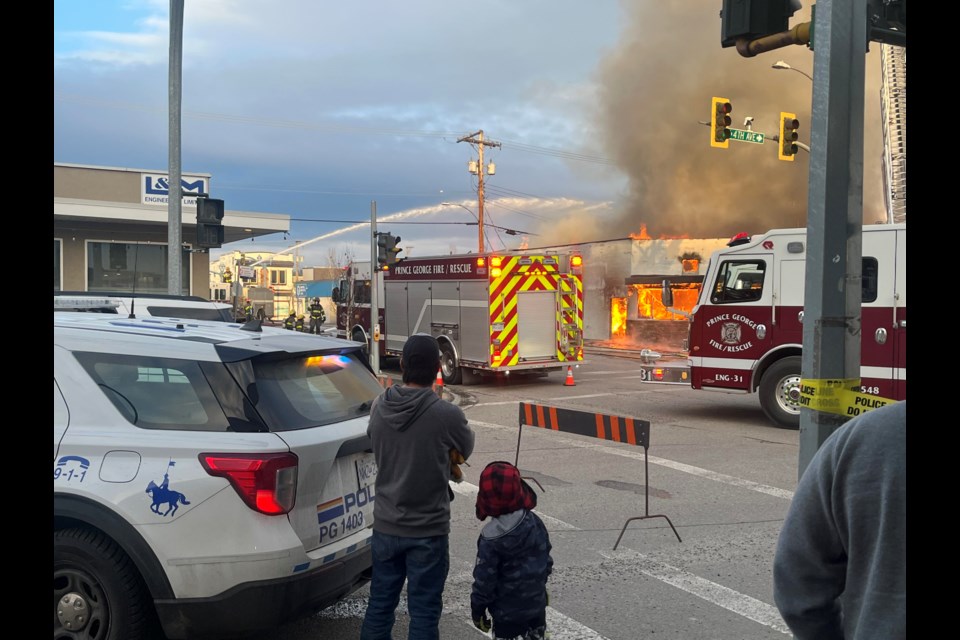 Prince George fire crews deal with a blaze at a vacant building at the corner of Fourth Avenue and Dominion Street on Thursday, Jan. 16, 2025.