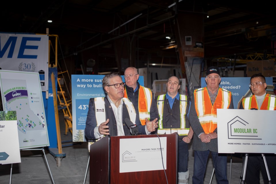 A newly formed mayors' task force, including Prince George Mayor Simon Yu at right announces plans to push for the BC government to encourage the development of more modular homes in the province Kelowna, BC on Friday, Nov. 22, 2024.