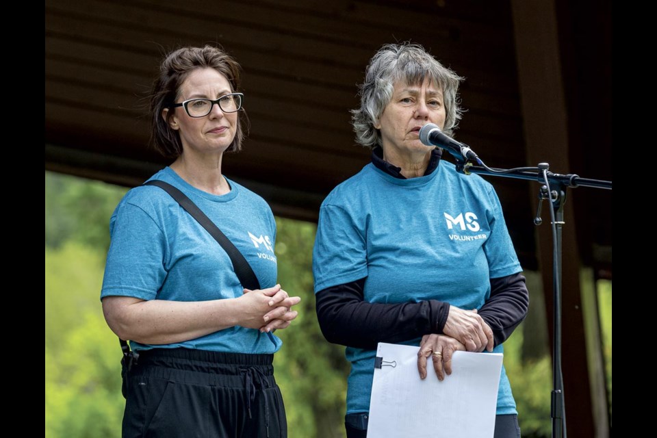 Ashley Provencher (left) and Sandy Stibrany reflect on their 10-year partnership organizing the MS Walk prior to this year's event at Lheidli T'enneh Memorial Park Saturday, May 24, 2025.