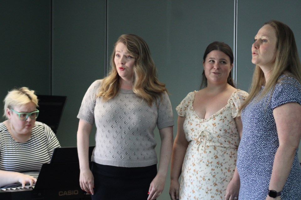 Deena Grier, Paige Marriott, Anna van der Hooft and Melanie Nicol perform for the media during a sneak peek of the Fraser Lyric Opera Unleashed on Thursday, July 10, 2025 in Prince George, BC.