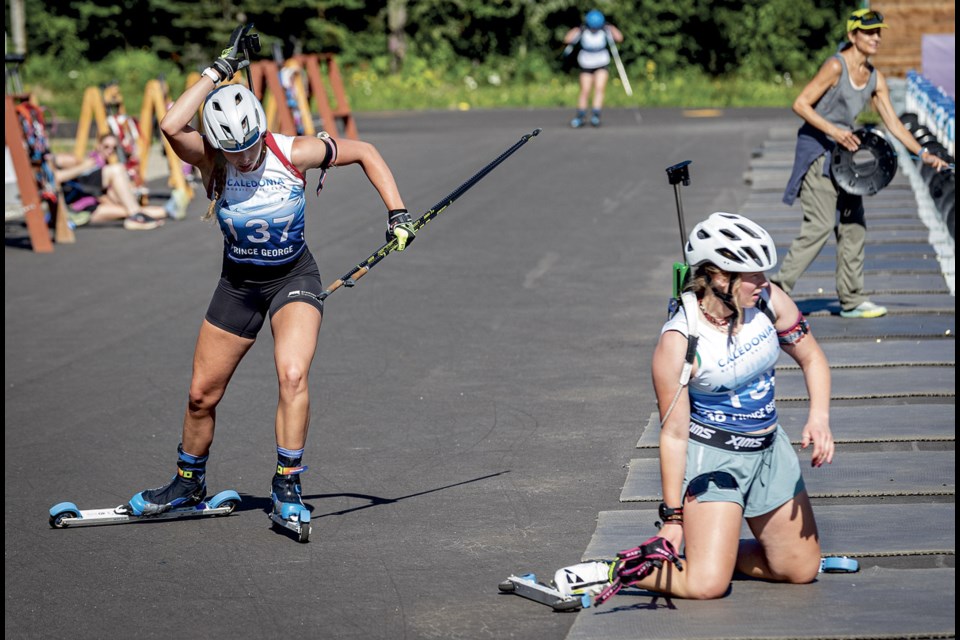 Caledonia Nordic Ski Club member Iona Cadell leaves the shooting area for her second lap in the women's six-kilometre roller ski biathlon time trial Sunday, July 27, 2025.