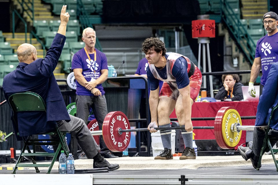 Mackenzie's Pierce Northcott begins his third lift in the Special Olympics BC Games powerlifting deadlift competition with a weight of 205KG at CN Centre Friday, July 11, 2025.