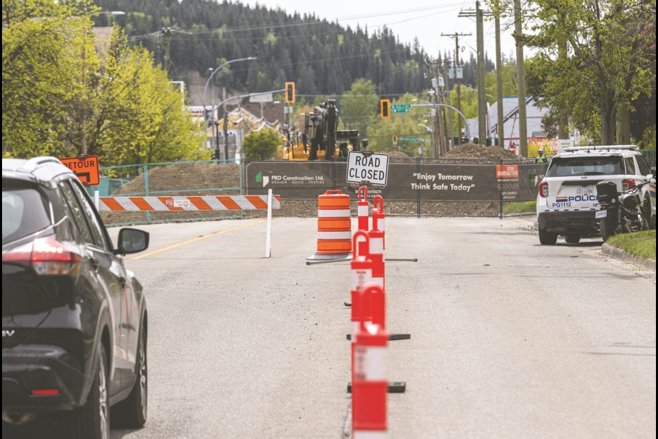 Detours are in place on Queensway between 15th and 17th Avenues until Friday, May 30, 2025 while PRD Construction crews work at installing a new water supply line to Hardwood Place Apartments, 1575 Queensway, which BC Housing is turning into homes with support services for youth.

