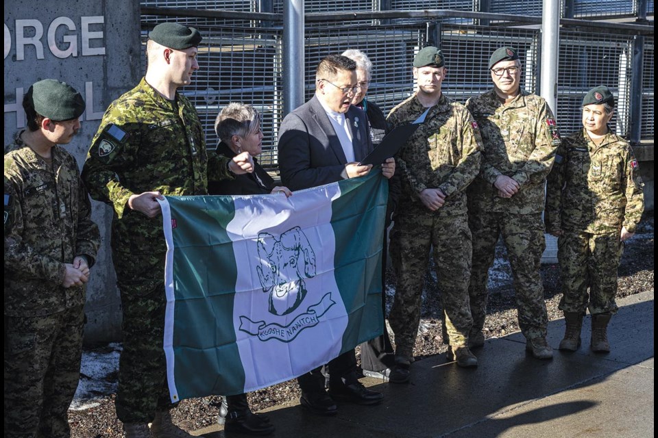 Mayor Simon Yu, flanked by Prince George-Valemount MLA Rosalyn Bird, Coun. Susan Scott and members of the Rocky Mountain Rangers in front of City Hall, reads a proclamation that March 24 to April 2, 2025 be observed as Rocky Mountain Rangers Week.