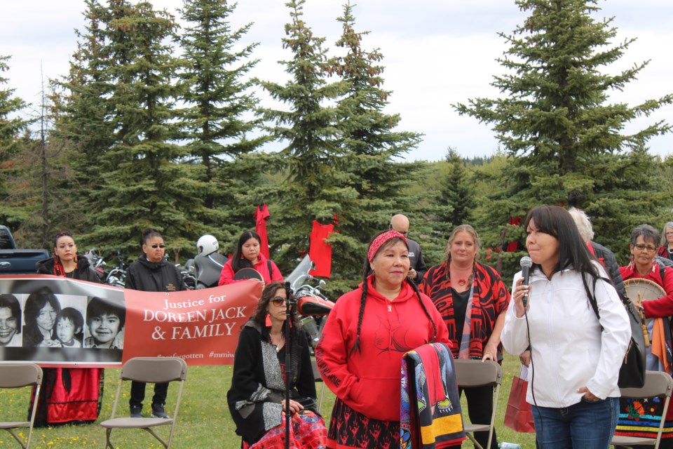 Lheidli T'Enneh Chief Dolleen Logan speaks to supporters at Red Dress Day Monday, May 5, 2025 In Prince George, BC.