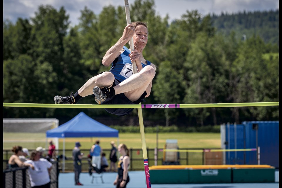 Tuomas Ukonmaanaho, 80, breaks the Canadian record for pole vault, for men 80-84 years old,with a jump of 2.15 metres at the Spruce Capital Track and Field meet at Masich Place Stadium Saturday, June 14, 2025. He would best that height two weeks later with a leap of 2.28 metres to seal the Canadian record deal.