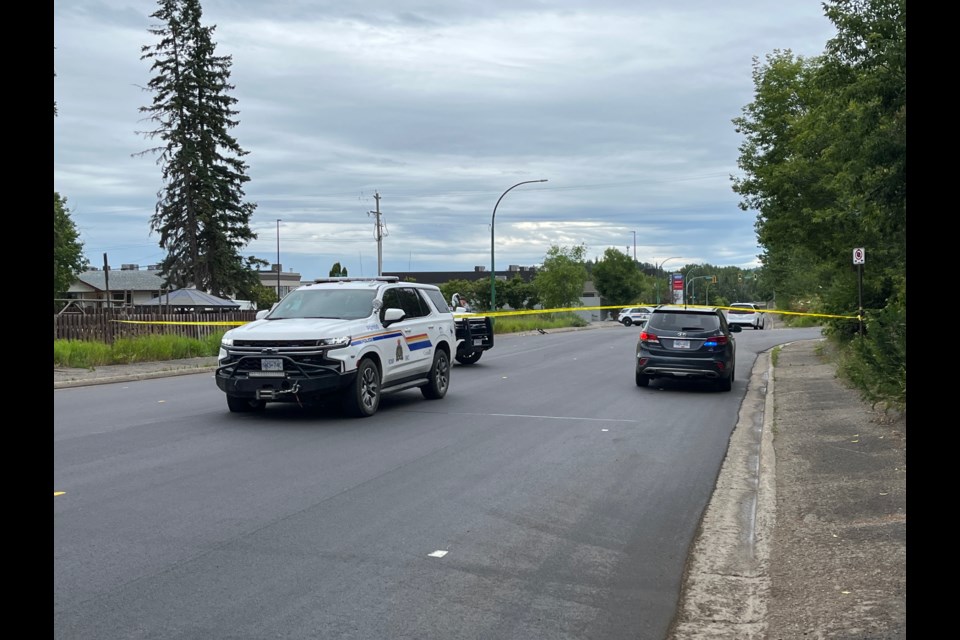 Prince George RCMP cordon off a section of Winnipeg Street at 11th Avenue after a cyclist was reportedly hit by a vehicle on Friday, July 11, 2025 in Prince George, BC.