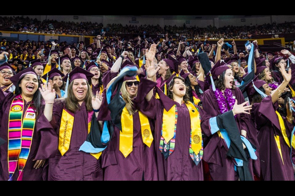 New Masters of Education from the Mary Lou Fulton Teachers College celebrate being awarded their degrees at Arizona State University’s graduate commencement ceremony on May 6, 2024 at the Desert Financial Arena. Nearly 20,700 undergraduate and graduate students are earning their degree this May, the largest graduating class in ASU history.