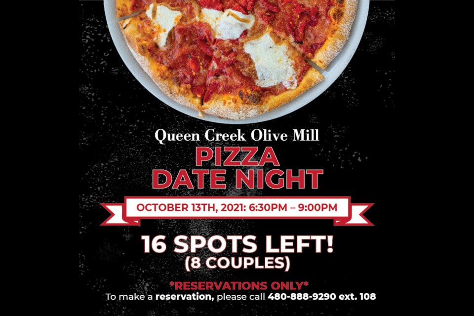 Queen Creek Olive Mill is hosting a pizza date night on Wednesday, Oct. 13. 