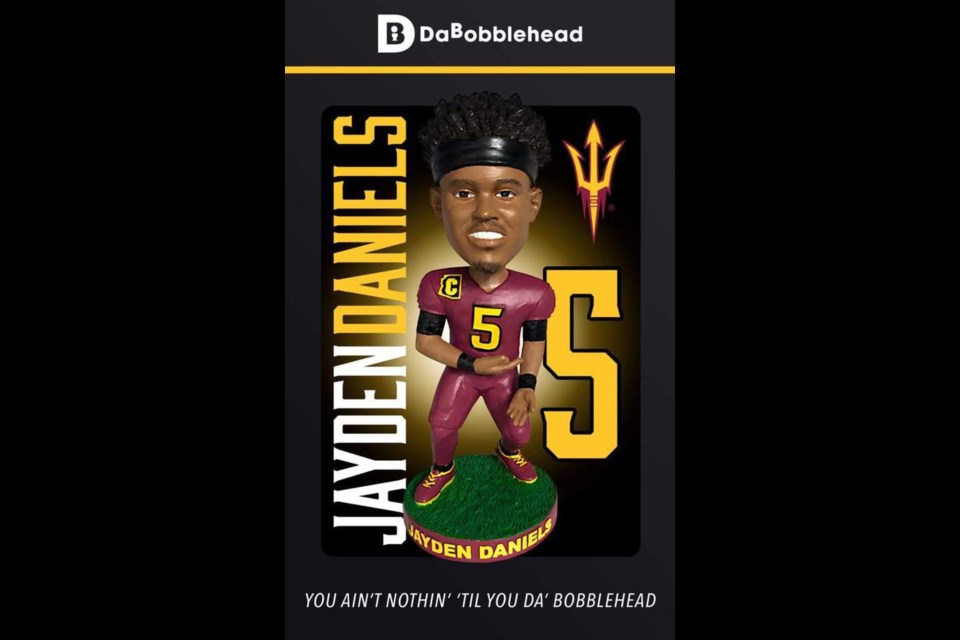 Jayden Daniels, Arizona State University quarterback, is one of the first college athletes to score their likeness on a prized bobblehead after a new era in college sports has arrived allowing collegiate athletes to benefit from their own name, image and likeness.