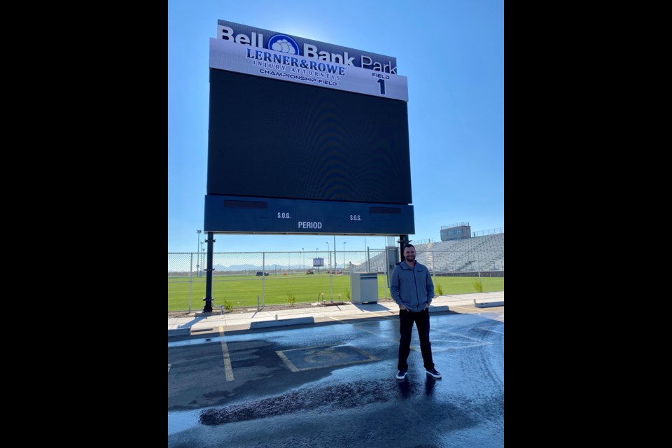 Legacy Sports USA President Brett Miller in front of the main stadium field at Bell Bank Park on Jan. 5, 2022.