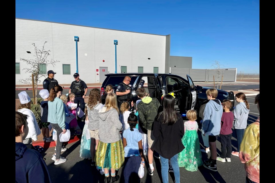 The Queen Creek Police, Fire and Medical, Publics Works and Utilities departments all visited Katherine Mecham Barney Elementary School on March 2, 2022 for Career Day.