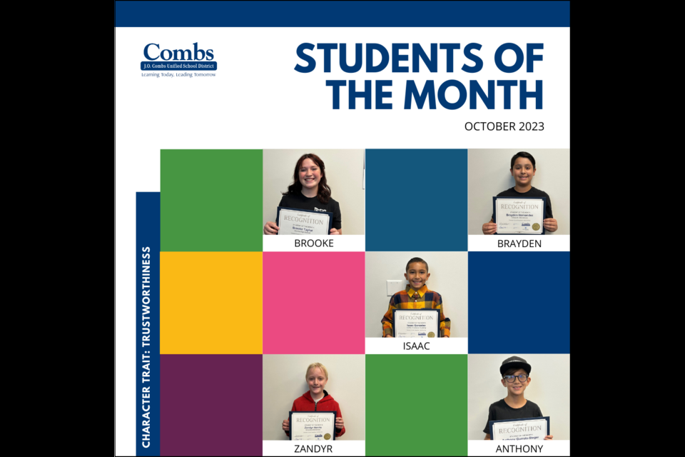 The J.O. Combs Unified School District in San Tan Valley, in partnership with Banner Ironwood Medical Center, are continuing the local school district's Students of the Month program, which provides an opportunity each month for one student from each of the district's eight schools to be recognized for demonstrating one of the various pillars of the Character Counts program.