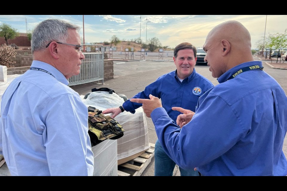 Gov. Doug Ducey visited the Department of Emergency and Military Affairs April 1, 2022 to send off 9,000 pounds of donated equipment and supplies to the freedom fighters of Ukraine. Ducey expressed the importance of continuing to give support to the country under Russian invasion. 