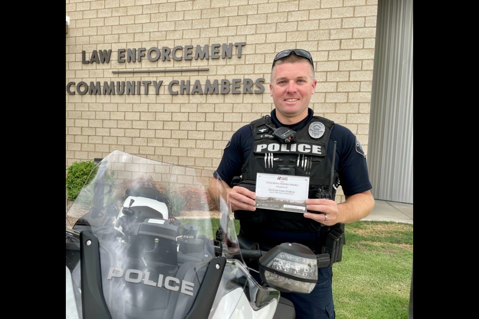 Queen Creek Police Department Motor Officer Evan Storch recently received the Mothers Against Drunk Driving-Honoring Heroes award for 2022. 