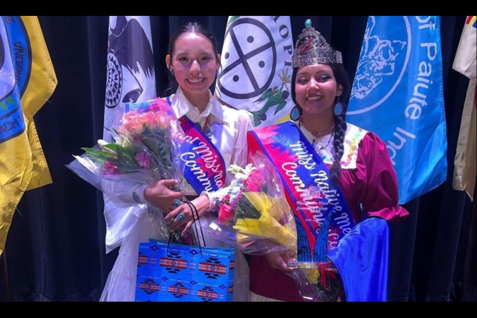 From left: Kadence Sayles, Ft. McDowell Yavapai/Lakota, was crowned Miss Native MCC and First Attendant Kaitlyn Yazzie, Navajo, was sashed during the winter pageant at Mesa Community College.