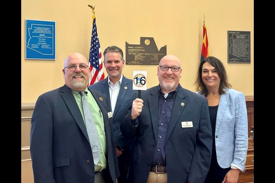 Town of Queen Creek officials celebrate at the April 19, 2022 auction of 650 acres of Arizona State Trust Land sold to LG to home its battery manufacturing facility. A global battery producer for next-generation technologies, LG Energy Solution announced in March 2022 it is initially investing $1.4 billion to build its first-ever cylindrical-type battery facility in North America. The amount of investment could grow further.