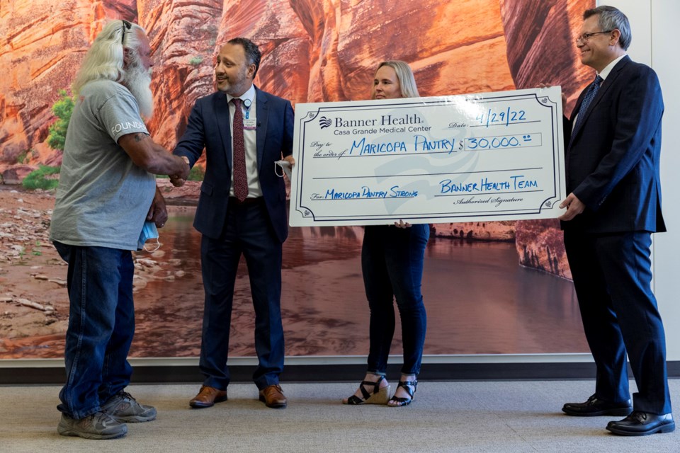 On April 29, 2022, Jim Shoaf, founder and CEO of Maricopa Pantry, Inc., had no trouble finding words to describe the significance of a $30,000 check from Banner Medical Group and Banner Casa Grande Medical Center to help rebuild the Maricopa Pantry Food Bank after it was destroyed in a fire last month.