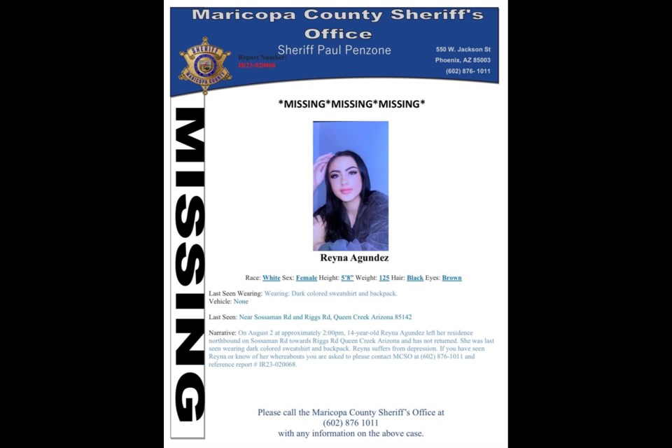The Maricopa County Sheriff's Office is seeking help with missing 14-year-old Reyna Agundez.