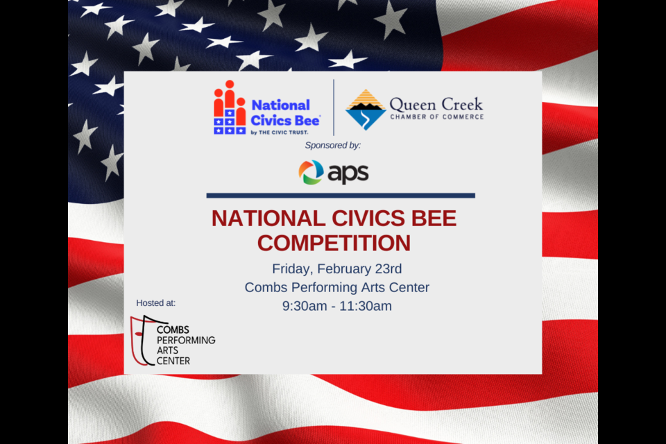 On Feb. 23, 2024 the Queen Creek Chamber of Commerce will host the 2024 National Civics Bee aimed at encouraging more young Americans to engage in civics and contribute to their communities.