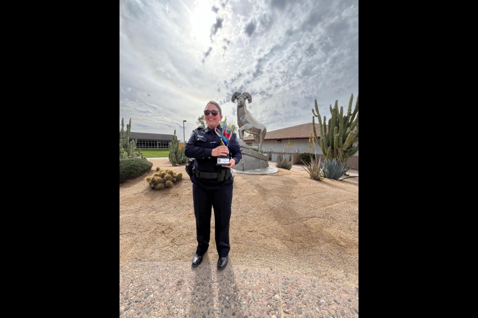 The Queen Creek Police Department (QCPD) announced that Officer Rounds was honored with the Outstanding Community Partner Award from Desert Lily Academy in Queen Creek, where she recently spearheaded a mural project with a local artist. The goal of the project was to foster trust and partnership between QCPD and the local academy.