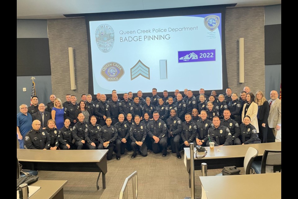 Dec. 1, 2021 is another historic day in town history as the Queen Creek police officers, sergeants and lieutenants were sworn in during last night's Town Council meeting after the badge pinning ceremony.