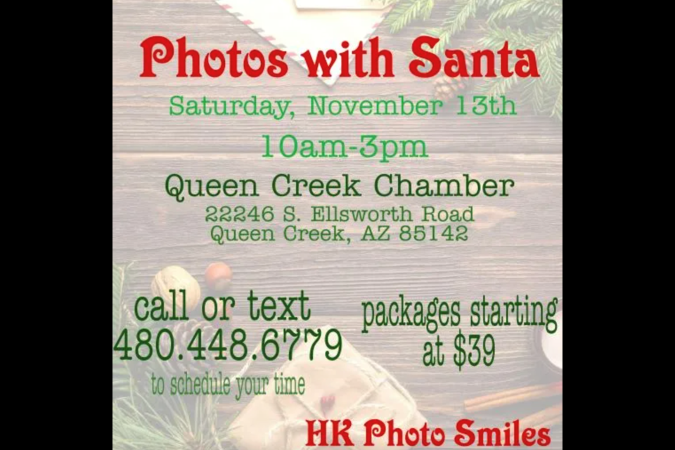 You can get your family photo with Santa before the holiday rush at the Queen Creek Chamber of Commerce on Nov. 13, 2021. 